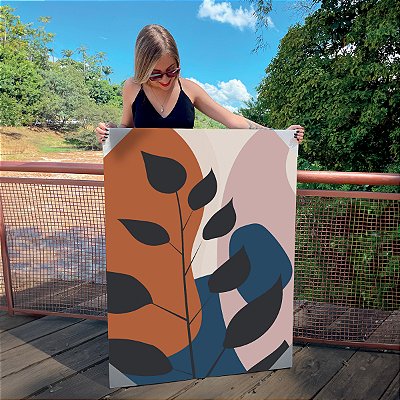 Quadro Decorativo Canvas Composição de Folhas Abstratas Tons Terrosos e Azul Marinho Vertical