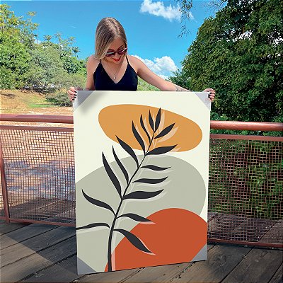 Quadro Decorativo Canvas Composição de Folhas Abstratas Tons Terrosos e Cinza Vertical