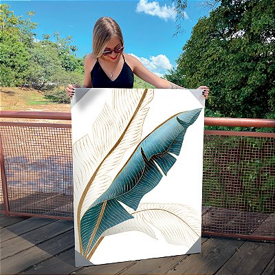 Quadro Decorativo Canvas Composição de Folhagens Azuis com Dourado I Vertical