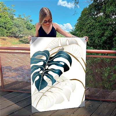 Quadro Decorativo Canvas Composição de Folhas Costela de Adão com Detalhes Dourados Vertical