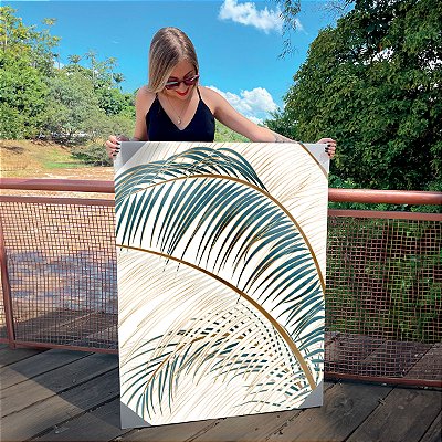 Quadro Decorativo Canvas Composição de Folhas com Detalhes Verdes e Dourados I Vertical