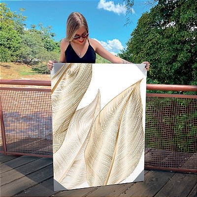 Quadro Decorativo Canvas Composição de Folhas em linhas Douradas Vertical