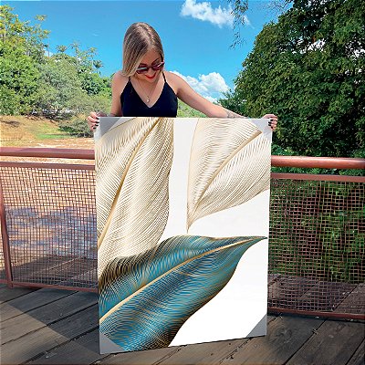 Quadro Decorativo Canvas Composição de Folhas Azuis em linhas Douradas Vertical