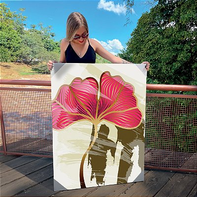 Quadro Decorativo Canvas Composição de Folhas de Ginkgo Biloba na Cor Rosa Vertical