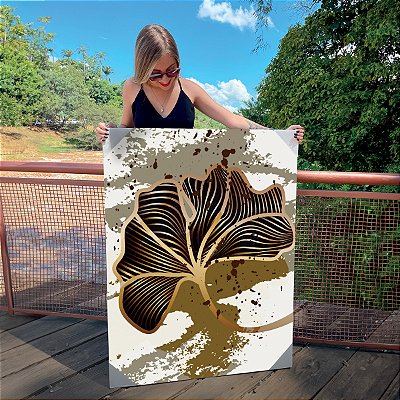 Quadro Decorativo Canvas Composição de Folhas de Ginkgo Biloba Preto com Dourado Vertical
