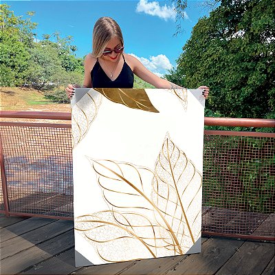 Quadro Decorativo Canvas Composição de Folhas Douradas em Fundo Branco I Vertical