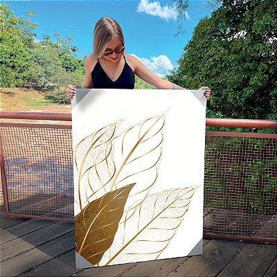 Quadro Decorativo Canvas Composição de Folhas Minimalistas Douradas em Fundo Claro Vertical