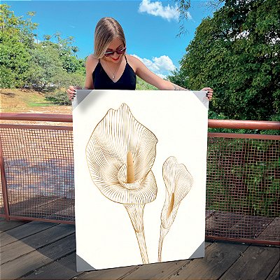 Quadro Decorativo Canvas Flor Copo de Leite Traços Dourados Vertical