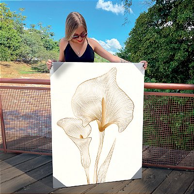 Quadro Decorativo Canvas Duas Flores em Copo de Leite em Traços Dourados Vertical