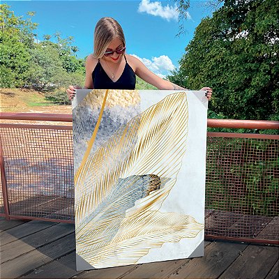 Quadro Decorativo Canvas Composição de Folhas Minimalistas Dourado e Royal II Vertical