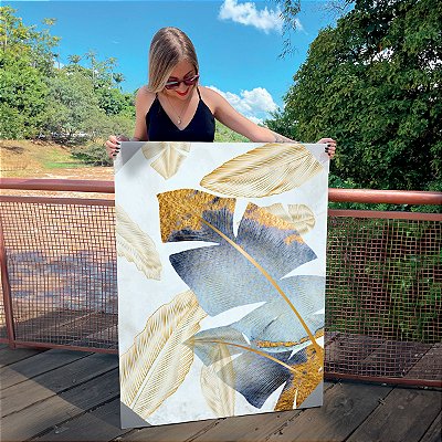 Quadro Decorativo Canvas Composição de Folhas Douradas e Azul Royal III Vertical