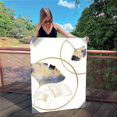 Quadro Decorativo Canvas Folhagens Douradas e Azuis Ginkgo Biloba II Vertical