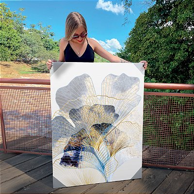 Quadro Decorativo Canvas Composição de Folhagens Douradas e Azuis de Ginkgo Biloba Vertical