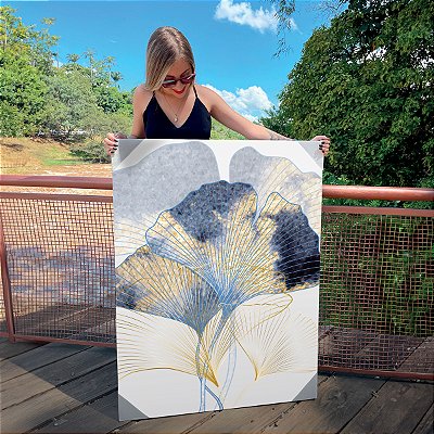 Quadro Decorativo Canvas Mescla de Folhagens Douradas Ginkgo Biloba Vertical
