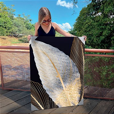 Quadro Decorativo Canvas Composição de Folha em Cor Neutra com Fundo Escuro Vertical