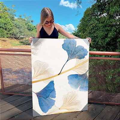Quadro Decorativo Canvas Folhagens Minimalistas em cores de azul e amarelo Vertical