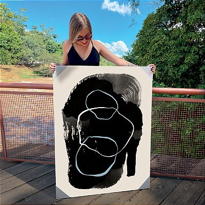 Quadro Decorativo Canvas Composição Abstrata de Circunferências Brancas em Fundo Preto Vertical