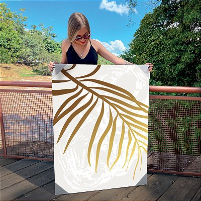 Quadro Decorativo Canvas  Arte Abstrata Folhas Douradas em Tela Branca II Vertical