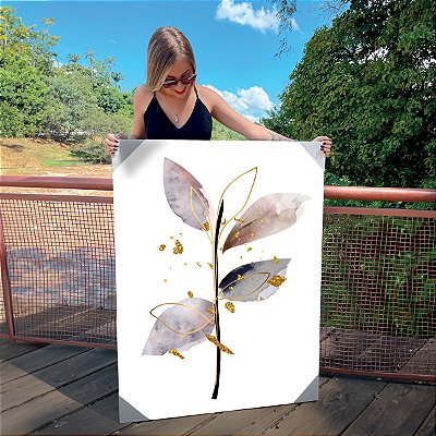 Quadro Decorativo Canvas Composição Abstrata de Folhas em Pinceladas e Traços Dourados III Vertical
