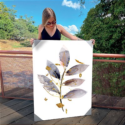 Quadro Decorativo Canvas Composição Abstrata de Folhas em Pinceladas e Traços Dourados IV Vertical