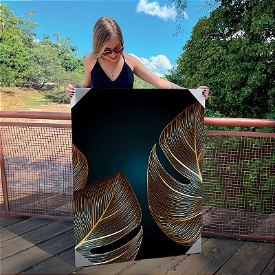 Quadro Decorativo Canvas Folhas Douradas Envelhecidas Fundo Preto II Vertical