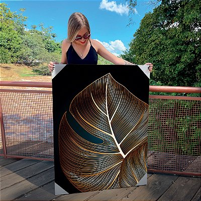 Quadro Decorativo Canvas Folhas Douradas Envelhecidas Fundo Preto III Vertical