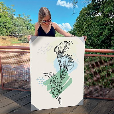 Quadro Decorativo Canvas Floral Composição de Flores Copos de Leite Azul e Verde Vertical
