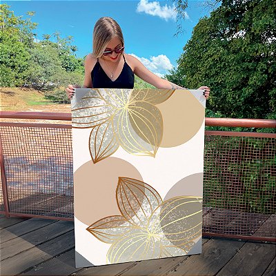 Quadro Decorativo Canvas Composição de Flores em Traços Dourados com Tons Neutros I Vertical