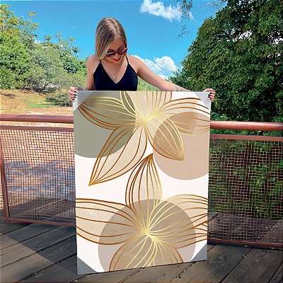 Quadro Decorativo Canvas Composição de Flores em Traços Dourados com Tons Neutros II Vertical