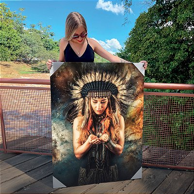 Quadro Decorativo Canvas Índia com Cocar Exuberante em paisagem cósmica Vertical