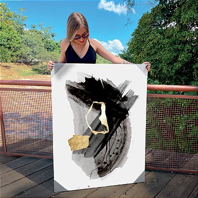 Quadro Decorativo Canvas Composição Abstrata de Pinceladas de Tinta Preta em Fundo Branco Vertical