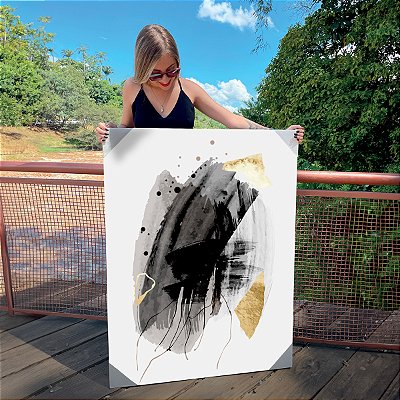 Quadro Decorativo Canvas Composição Abstrata de Pinceladas na Cor Preta e Detalhes Amarelos Vertical