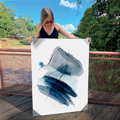 Quadro Decorativo Canvas Composição Abstrata de Pinceladas na Cor Preta e Azul Vertical