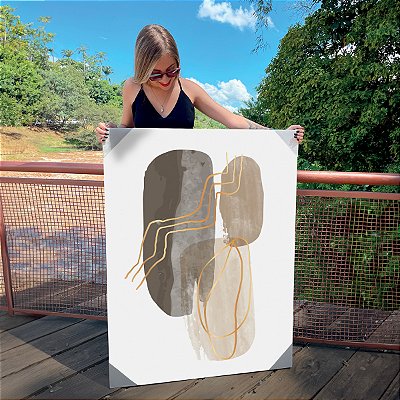 Quadro Decorativo Canvas Composição Abstrata em Cores Cinza e Bege com Traços Dourados Vertical