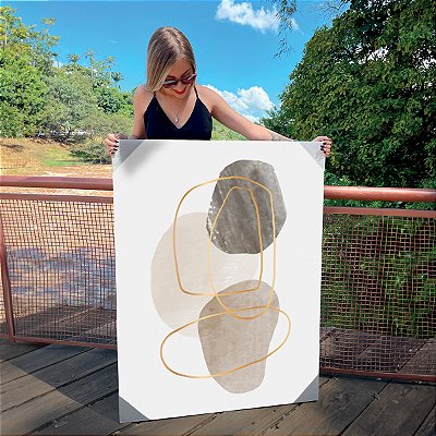 Quadro Decorativo Canvas Composição Abstrata em Cores Cinza, Bege e Nude com Traços Dourados Vertical