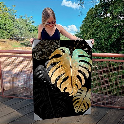 Quadro Decorativo Canvas Costela de Adão Dourada em Fundo Escuro Vertical