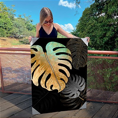 Quadro Decorativo Canvas Costela de Adão Dourada em Fundo Escuro II Vertical