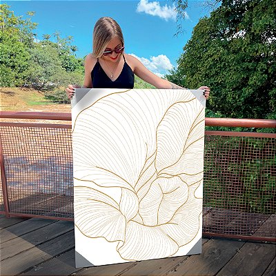 Quadro Decorativo Canvas Floral Traços da Flor em Dourado com Fundo Branco Vertical