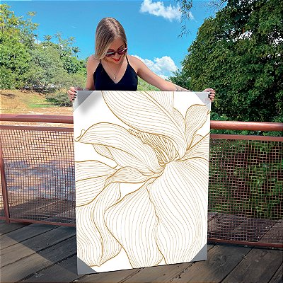 Quadro Decorativo Canvas Floral Traços da Flor em Dourado com Fundo Branco II Vertical