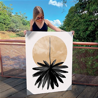 Quadro Decorativo Canvas Composição Abstrata de Forma Circular Bege com Folha de Palmeira em Aquarela Vertical