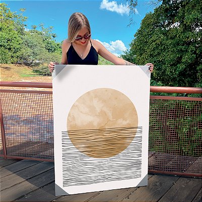 Quadro Decorativo Canvas Composição Abstrata de Forma Circular Bege com Linhas Horizontais Pretas Vertical