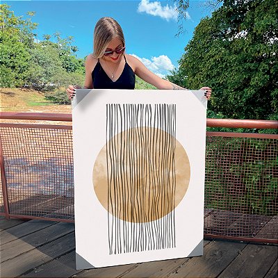 Quadro Decorativo Canvas Composição Abstrata de Forma Circular Bege com Linhas Verticais Pretas Vertical