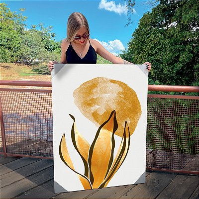 Quadro Decorativo Canvas Composição Abstrata Moderna de Folhas Pinceladas nas Cores Douradas III Vertical