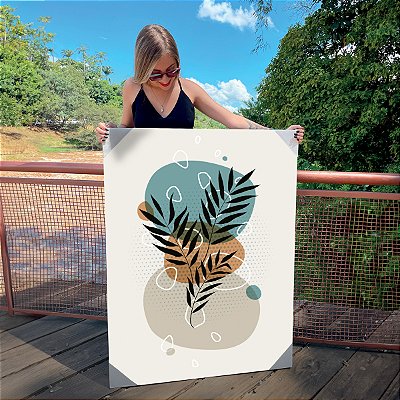 Quadro Decorativo Canvas Ramos de Folhas com Cores Azul, Bege e Laranja Vertical