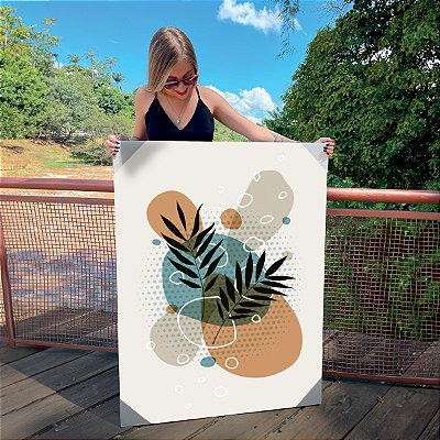 Quadro Decorativo Canvas Ramos de Folhas com Cores Verde, Bege e Laranja Vertical