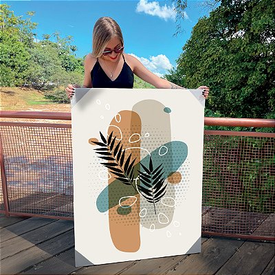 Quadro Decorativo Canvas Ramos de Folhas com Cores Azul, Bege e Laranja II Vertical
