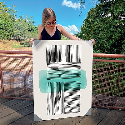Quadro Decorativo Canvas Composição de Linhas Horizontais e Verticais com Retângulo Azul ao Centro Vertical