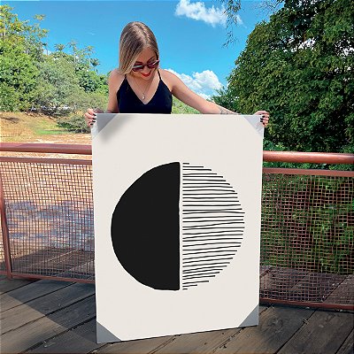 Quadro Decorativo Canvas Composição Abstrata de Esfera Preta e com Linhas Horizontais Vertical