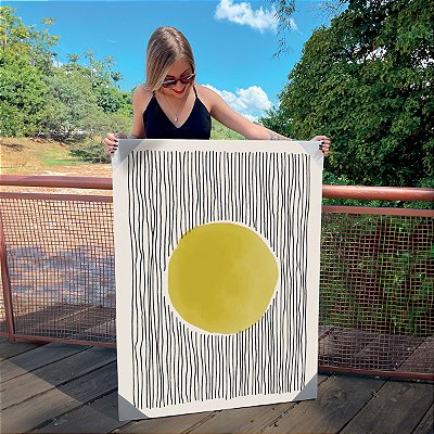 Quadro Decorativo Canvas Composição Abstrata de Esferas Amarela e de Linhas Verticais Irregulares Vertical