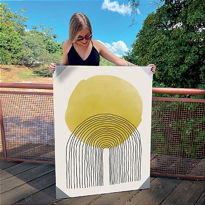 Quadro Decorativo Canvas Composição Abstrata de Esfera Amarela Sob Arco de LInhas Vertical